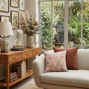May include: A living room scene featuring a wooden console table with drawers, a lamp, and framed botanical prints. A beige sofa with two throw pillows, one floral and one rust-colored, sits near a large window overlooking a garden.