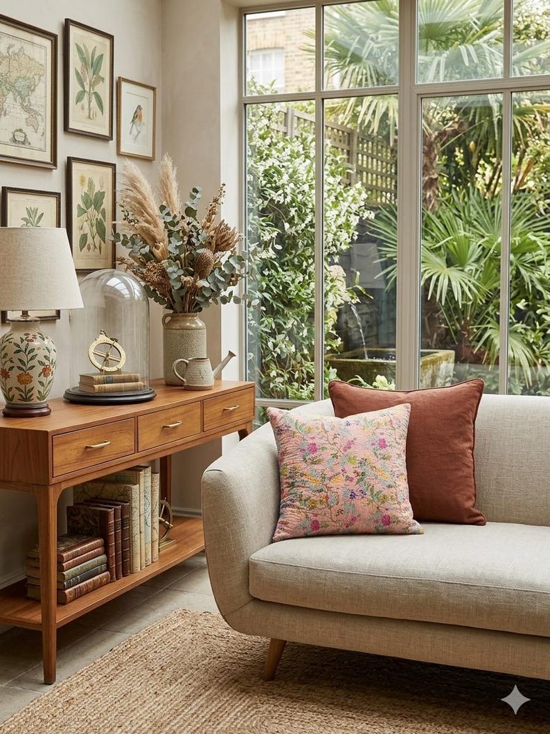 May include: A living room scene featuring a wooden console table with drawers, a lamp, and framed botanical prints. A beige sofa with two throw pillows, one floral and one rust-colored, sits near a large window overlooking a garden.