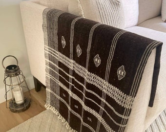Handwoven Bhujodi Wool Throw Blanket | Dark Brown, Cottage Decor