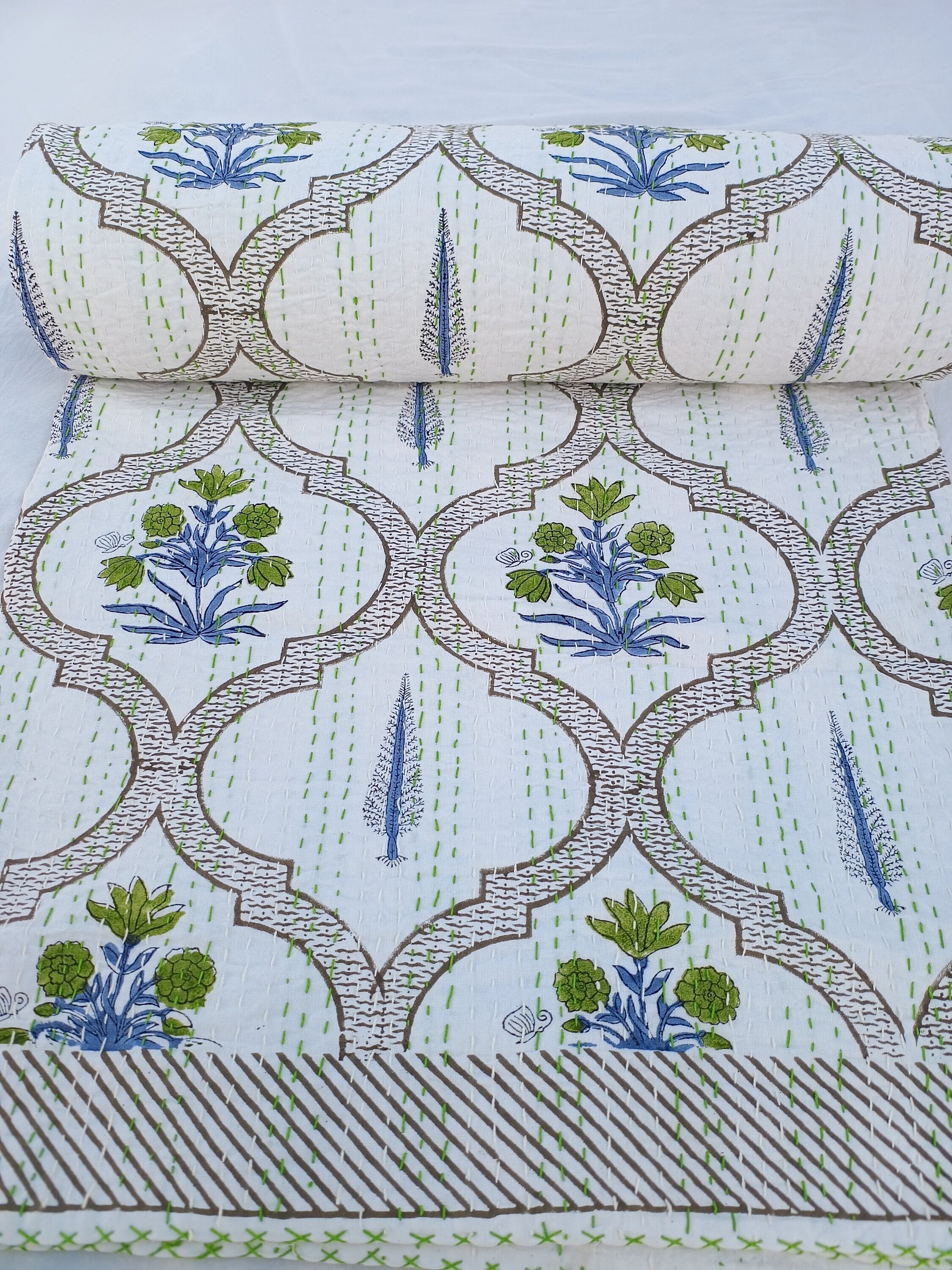 Handmade Floral Kantha Quilt: Handblock Print Cotton Bedspread - Etsy
