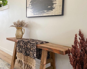 Coperta in cotone con stampa a blocchi fatta a mano, coperta da divano boho con nappe