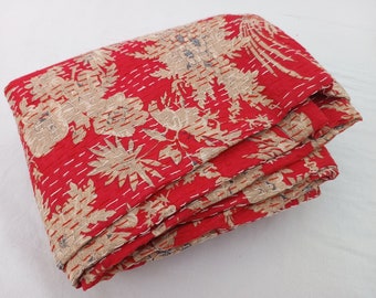 Couette Kantha faite main, couleur rouge, conception unique, literie matelassée Kantha faite main, couvre-lit imprimé, jeté de lit, couette esthétique