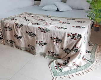 Sofa Décor Room Décor Handmade Throw Handblock print Throw Soft Cotton Throw Blanket  Tassels Hand Loomed Block Print Cotton Sofa Throw