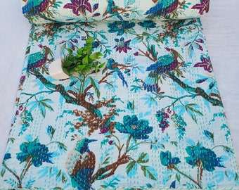 Handmade Bird Print Kantha Quilt, Hand Block Cotton Throw, Boho Bedding