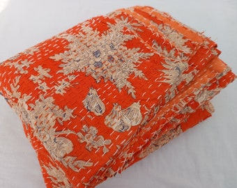 Couette Kantha faite main, couleur orange, design unique, literie matelassée Kantha faite main, couvre-lit imprimé, jeté de lit, couette esthétique