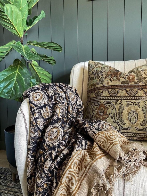 Premium Handmade Boho Bedding Throw Hand block print Soft Cotton Throw Vintage Blanket Room Décor Tassels Hand Loomed Cotton Twin Queen size