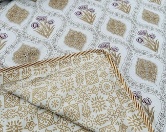 Dohar de algodón con estampado floral en bloques: edredón indio reversible, hecho a mano