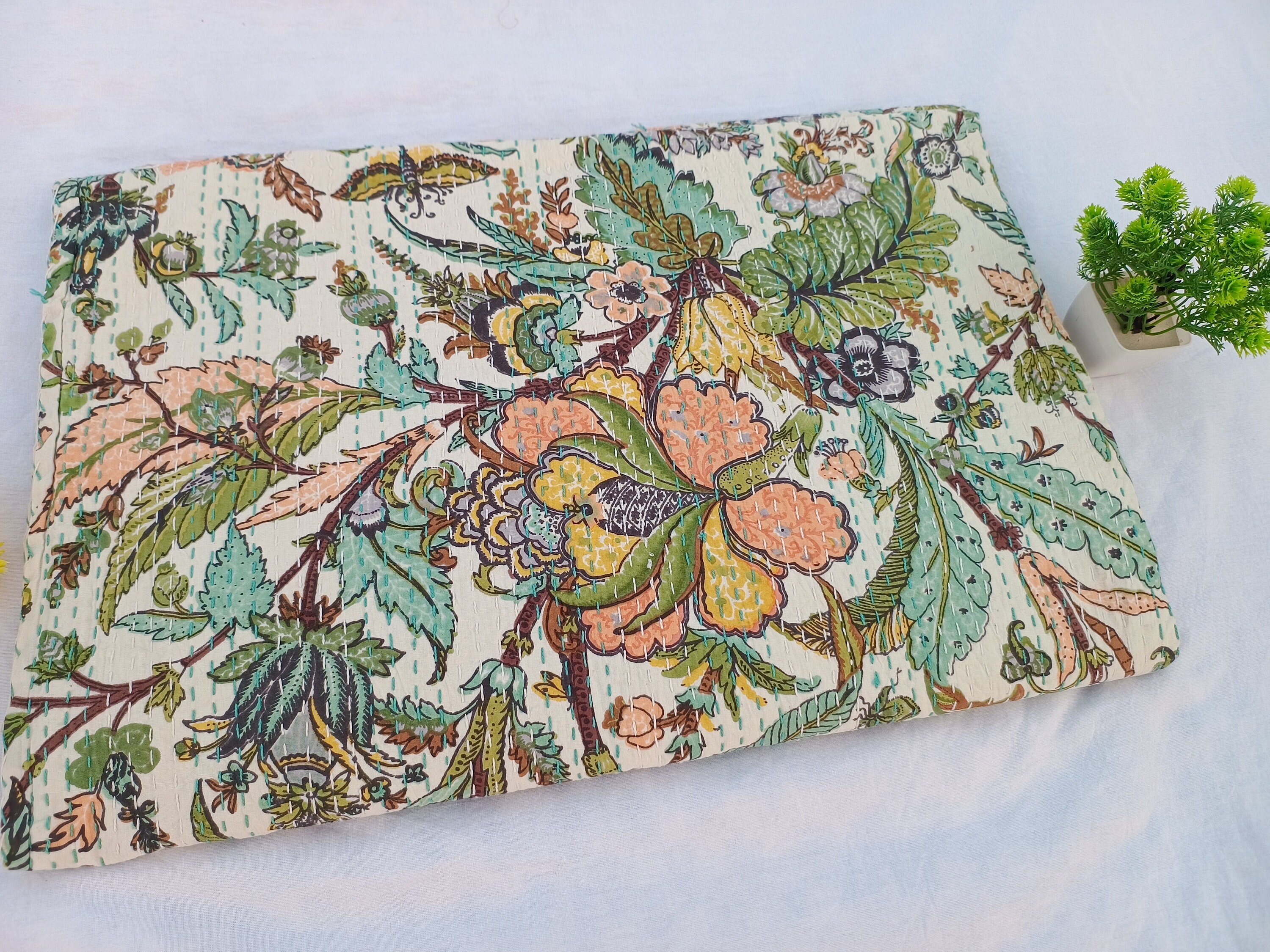 Floral Kantha Quilt, Handmade Handblock Print Cotton Bedspread