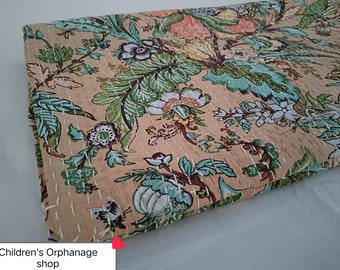 Handmade Kantha Quilt, Handblock Print Cotton Bedspread