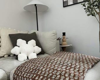 Premium Sofa Décor Room, Décor Handmade Throw Hand block print Throw Cotton Throw Blanket Tassels Hand Loomed Block Print Cotton Sofa Throw