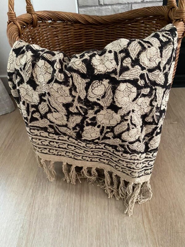 Boho Indian Mud Cloth Throw Blanket With Tassels Hand Loomed Block