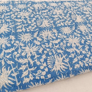 Premium Blue Floral Kantha Quilt, Hand-Block Printed Cotton Bedspread