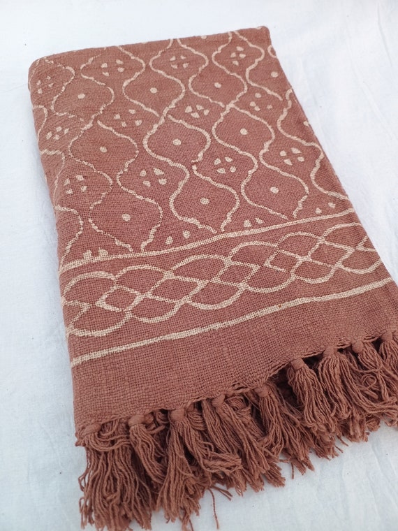 Premium Handmade Boho Bedding Throw, Hand Block Print Soft Cotton Throw Blanket Sofa Room Décor Tassels Rare find Throw, Vintage Blanket