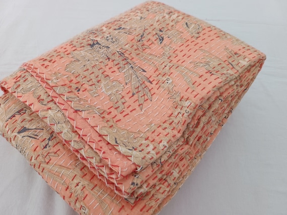 Handmade Kantha Quilt Floral Print Kantha Quilted Bedding Bedspread Print Throw Blanket Hand Block Print Cotton Kantha Quilt