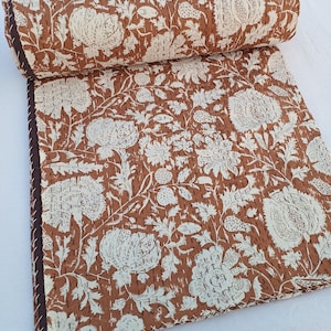 Premium Brown Floral Handmade Kantha Quilt, Boho Bedding Quilted Bedspread, Throw Blanket, Vintage Brown Pattern Quilt for Cozy Home Decor