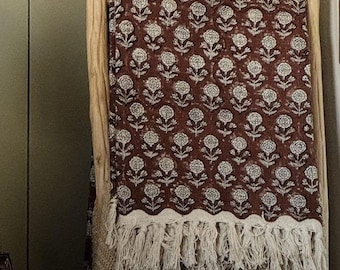 Manta de algodón estampada a mano, manta premium hecha a mano para sofá, decoración para el hogar, manta con borlas, estilo bohemio para la sala de estar.