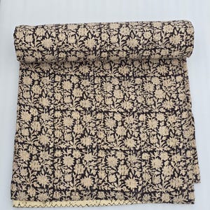 Vintage Floral Homemade Kantha Quilt Cream flowers Design Handmade Kantha Quilted Bedding Handblock Print Throw Blanket made by hand