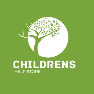 May include: White logo with a stylized tree with green leaves inside a white circle. The text "Childrens Help Store" is below the circle.