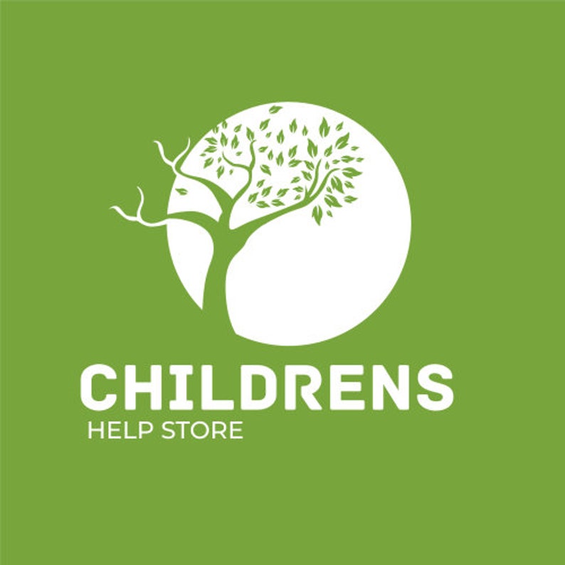 May include: White logo with a stylized tree with green leaves inside a white circle. The text "Childrens Help Store" is below the circle.