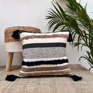 Hand Woven Cotton Pillow Cover: Indian Tassels, Modern Home Decor (16x16 inches)