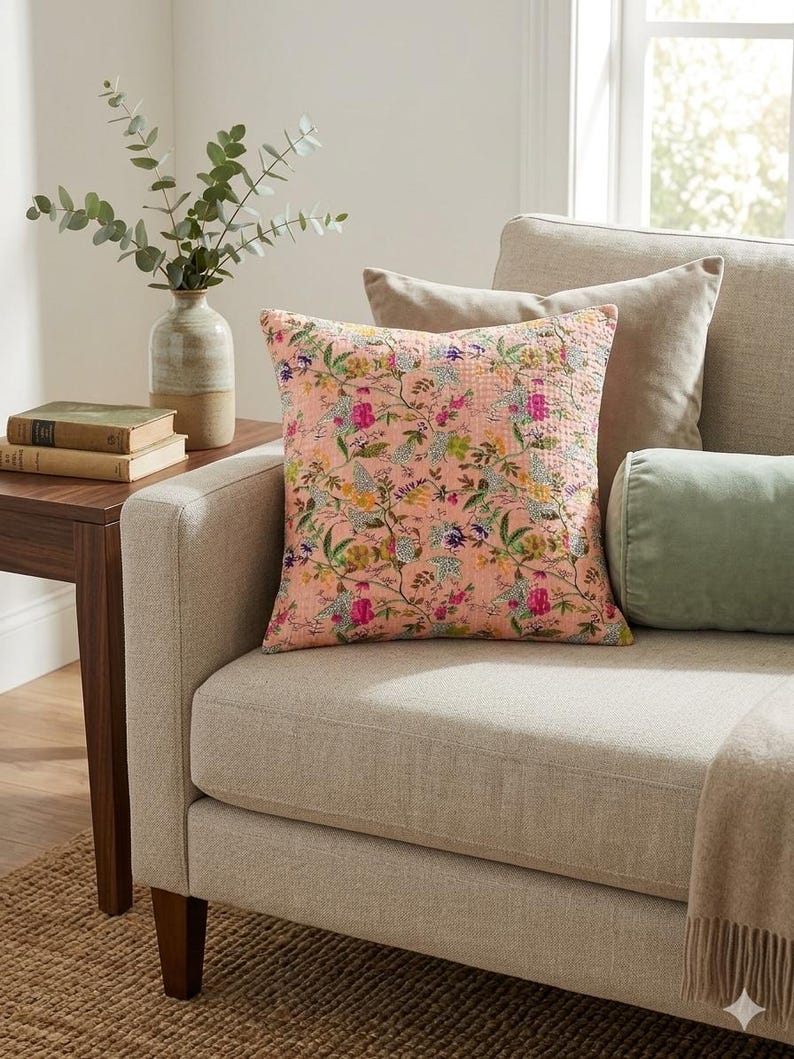 May include: A square, floral-patterned pillow in shades of pink, green, and purple rests on a beige sofa. The pillow features a detailed botanical design. A green bolster pillow and a beige throw blanket are also visible.