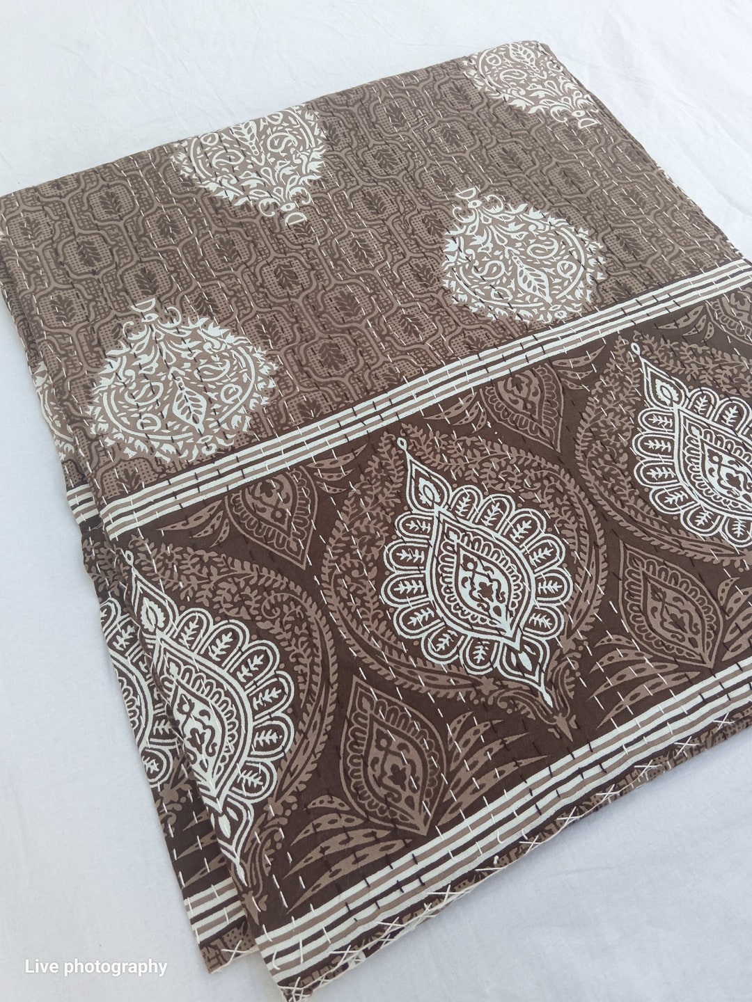 Chocolate Brown Throw Blanket Unique Design Handmade Kantha Quilted