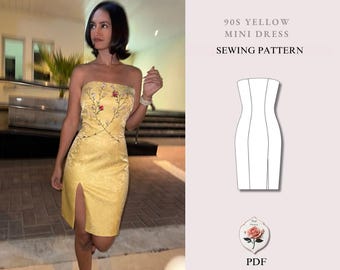 Rachel Green Yellow Dress Inspired | Strapless Corset Dress Pattern | Princess Seam Bodycon with Slit | Sizes XXS–2XL | Instant PDF Download