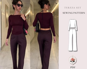 Tereza set | Patroon voor tweedelige loungewear | Top met lange mouwen & broek met elastische taille | Geschikt voor beginners | Maten XXS–2XL | PDF download
