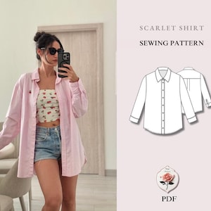 Könnte beinhalten: Ein hellrosa Hemd mit einer kleinen Kirschstickerei auf der Brust. Das Bild zeigt auch ein Schnittmuster für ein "Scarlet Shirt" mit einer PDF-Download-Option. Das Hemd wird mit Jeansshorts kombiniert.