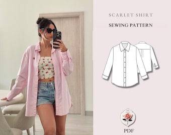 Scarlet Shirt | Classic Button Up Shirt | Relaxed Fit Shirt with Collar & Cuffs | Beginner Friendly | Sizes XXS–2XL | Instant PDF Download