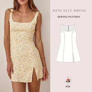 Pode incluir: Um padrão de costura para um vestido mini com uma fenda. O padrão é para um vestido sem mangas com um decote quadrado e um corpete ajustado. A saia é de linha A e tem uma fenda no lado direito. O padrão está disponível para download em PDF.
