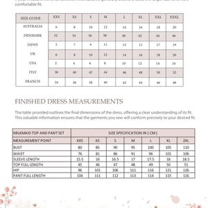 May include: A size guide chart for clothing with international conversions for Australia, Denmark, Japan, UK, USA, Italy, and France. Below is a table for a milkmaid top and pant set with measurements in centimeters for bust, waist, sleeve, and length.