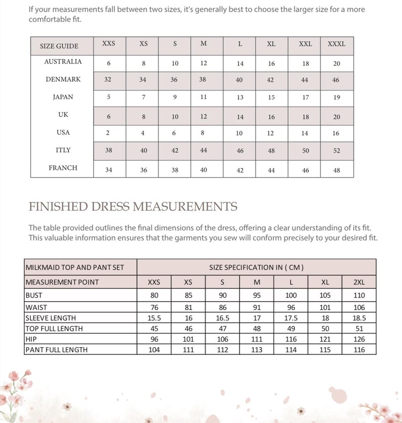 May include: A size guide chart for clothing with international conversions for Australia, Denmark, Japan, UK, USA, Italy, and France. Below is a table for a milkmaid top and pant set with measurements in centimeters for bust, waist, sleeve, and length.