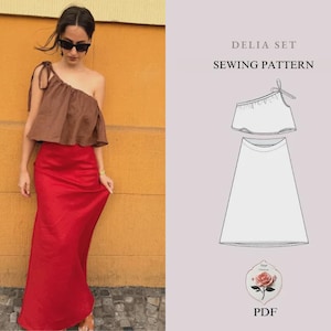 Patron de haut court asymétrique et de jupe longue | Patron de couture facile | Crop top à nouer aux épaules | Jupe longue en lin | Style bohème décontracté | Téléchargement instantané