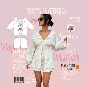 May include: A white two-piece set consisting of a long-sleeved top with a ruffled V-neckline and tie-front closure, paired with matching shorts. The image includes text reading ROSYS PATTERNS, 3 FORMATS, BEGINNER FRIENDLY, and MAKE TIME TO CREATE.