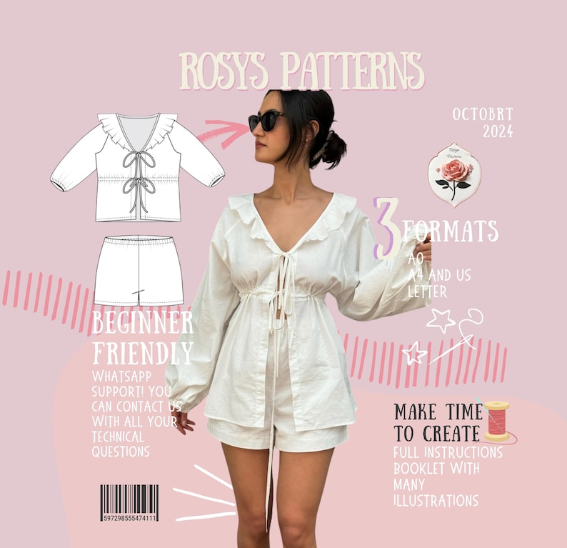 May include: A white two-piece set consisting of a long-sleeved top with a ruffled V-neckline and tie-front closure, paired with matching shorts. The image includes text reading ROSYS PATTERNS, 3 FORMATS, BEGINNER FRIENDLY, and MAKE TIME TO CREATE.