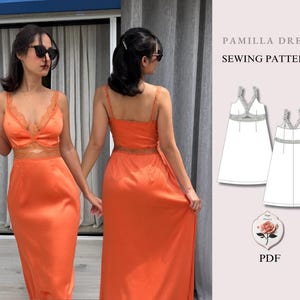 May include: A bright orange sleeveless dress with lace trim at the neckline and waist, shown from front and back views. The image includes a technical sewing pattern illustration labelled PAMILLA DRESS SEWING PATTERN and PDF.