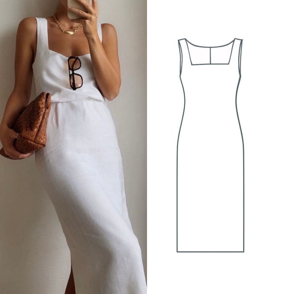 Pattern PDF A-Line Midi Maxi Dress With Square Neckline, digital sewing patterns Size XXS - XXL