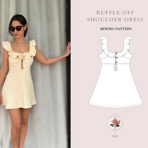 Ruffle Off Shoulder Mini Dress Pattern | Cotton Summer Dress Pattern | Easy Sewing Pattern | Vintage Style Mini Dress | INSTANT DOWNLOAD