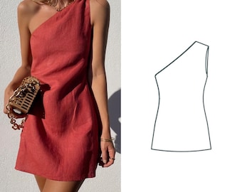 PDF + Video Tutorial A-Line One-Shoulder Mini Dress Sewing Pattern | Asymmetrical Neckline | Sizes XXS - XXL