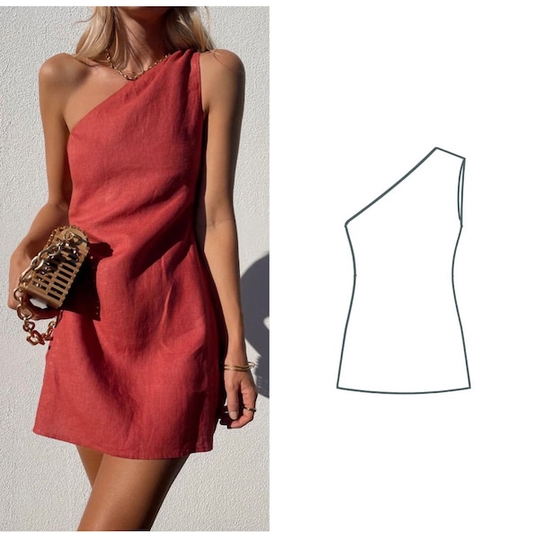 PDF A-Line One-Shoulder Mini Dress Sewing Pattern | Asymmetrical Neckline | Sizes XXS - XXL