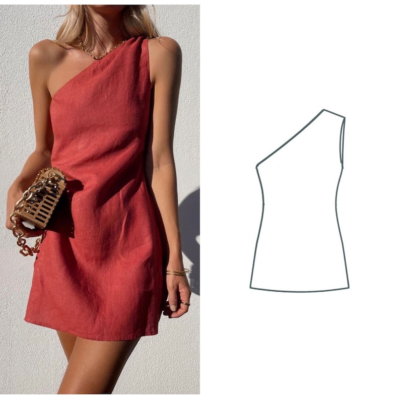 PDF Video Tutorial A-Line One-Shoulder Mini Dress Sewing Pattern Asymmetrical Neckline Sizes XXS XXL zdjęcie 1