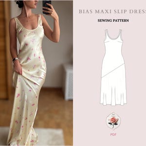 Peut inclure: Patron de couture pour une robe maxi en biais. Le patron est pour une robe sans manches avec un col rond et une jupe en biais. Le patron est disponible en téléchargement PDF. L'image montre également un mannequin portant une robe similaire.
