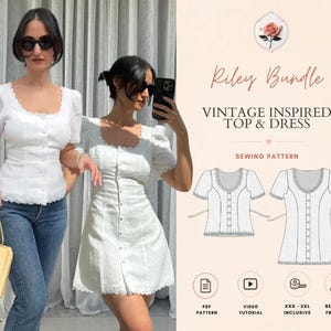 Riley Bundle | Vintage Inspired Top & Dress Pattern | Puff Sleeve Sweetheart Set | Sizes XXS–2XL | Easy Sewing Pattern | INSTANT DOWNLOAD