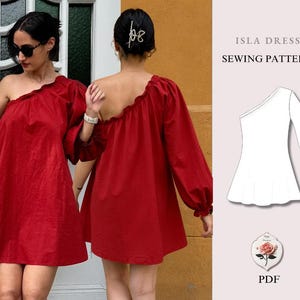 Peut inclure: Une robe rouge à une épaule avec des manches longues et une encolure à volants. L'image comprend un dessin technique du patron de couture Isla Dress, présentant un ourlet évasé et une manche unique, avec le texte Isla Dress Sewing Pattern PDF.