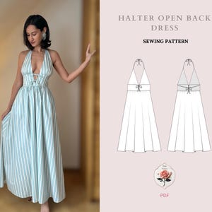 May include: A blue and white striped halter dress with a lace-up front and an open back. The dress has a flowing skirt and is shown on a model. The image also includes a line drawing of the dress and the text "Halter Open Back Dress Sewing Pattern PDF".