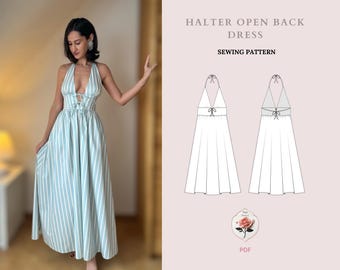 Open Back Halter Dress Tie Front Dress Beginner Sewing Pattern PDF INSTANT DOWNLOAD