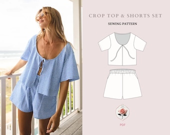 Crop Top Sewing Pattern Bundle | Digital PDF Sewing Pattern| Instant Download | Women&#39;s Shirt & Wide Leg Shorts | XXS-5XL | Easy for beginners