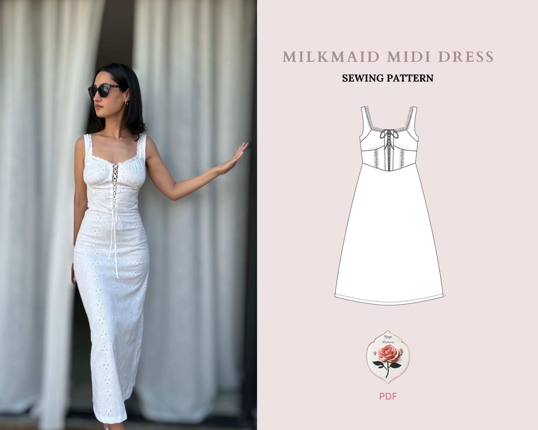 Milkmaid Dress Pattern | Cottagecore Dress Pattern | Corset Front Dress | Cotton Summer Dress | Midi Tie Front Dress | INSTANT DOWNLOAD
