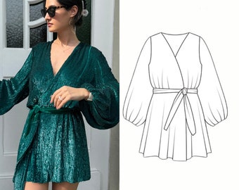 PDF Wrap Kimono Mini Dress Sewing Pattern | Sizes XXS - XXL